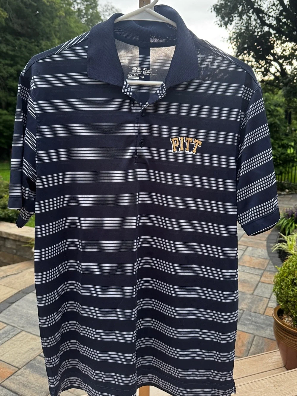 University of Pitt Panthers Shirt Polo Mens Nike Golf Dri Fit Striped Med Blue